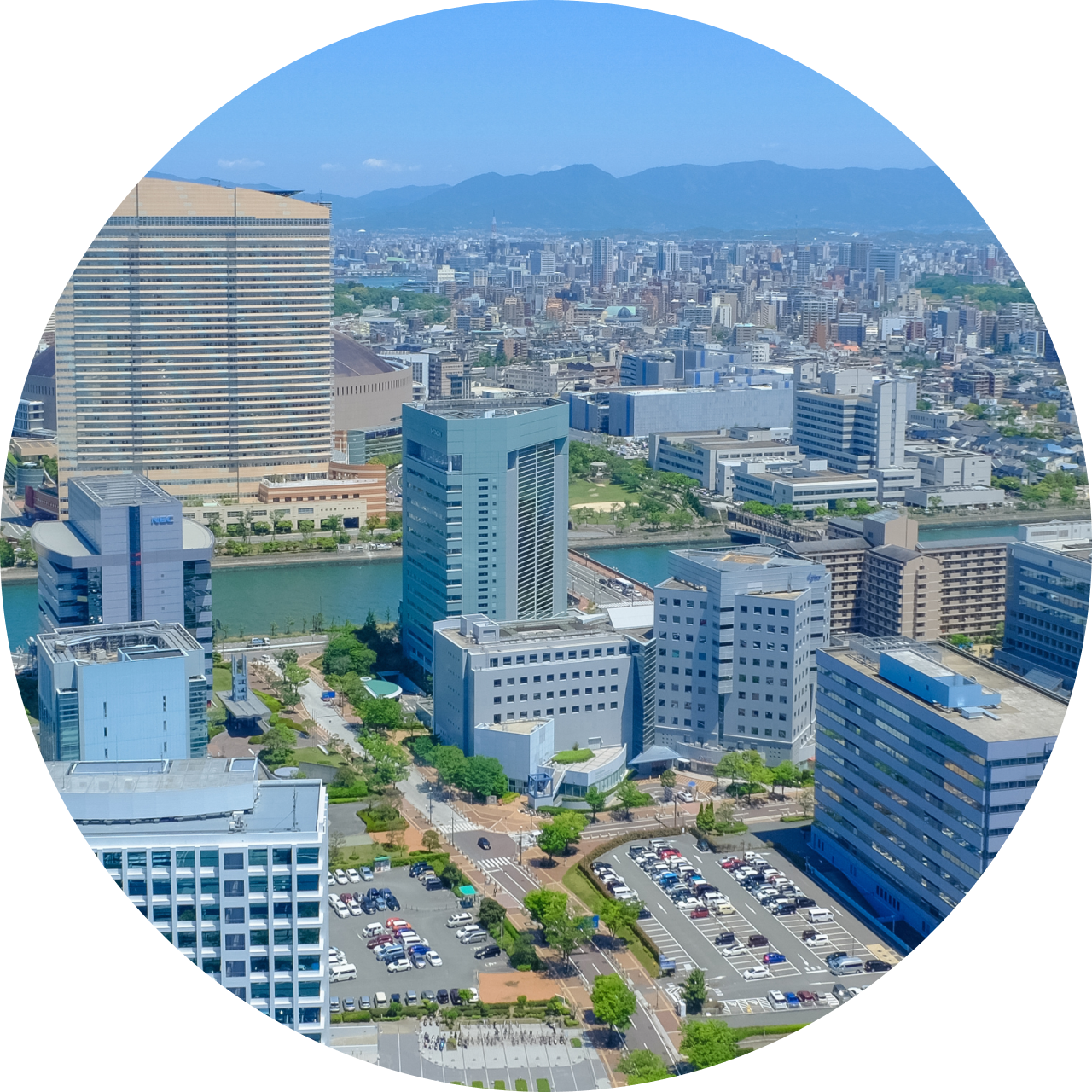 Aerial view of Fukuoka city with Ohori Park